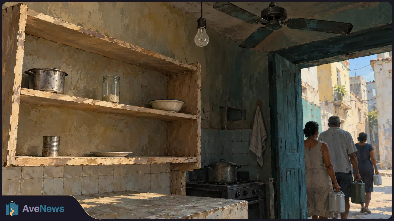 In a worn kitchen, sparse shelves hold pots and dishes beneath an unlit bulb and ceiling fan. Three people carry containers through an open blue door into a sunlit street. SI illustration