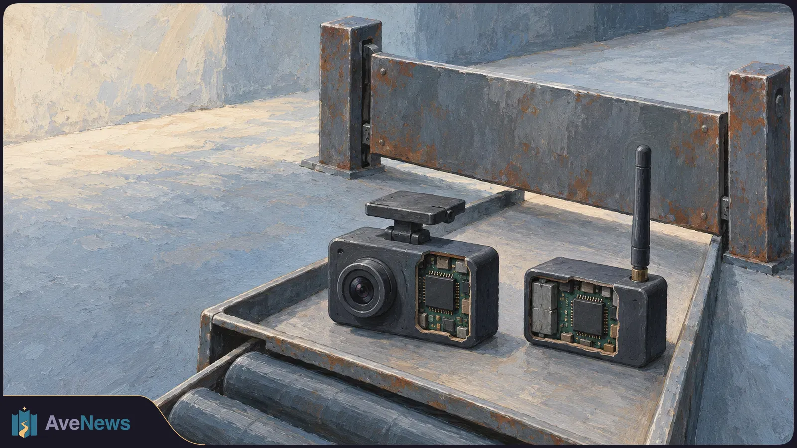 Painterly illustration of a small camera and an antenna-equipped device with exposed circuit boards on a metal platform beside rollers and a barrier. SI illustration