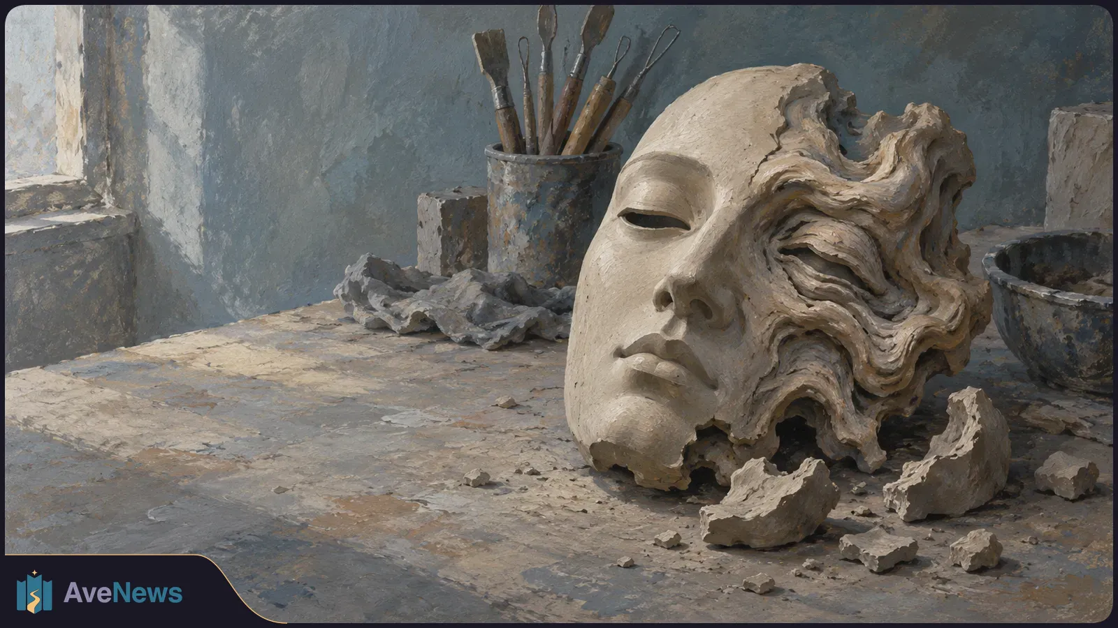 An illustrated clay face with a textured, distorted side rests on a worktable among clay fragments, with sculpting tools in a container behind it. SI illustration