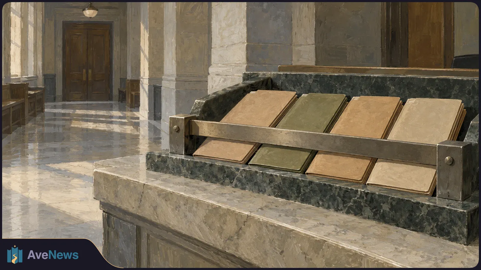 Illustration of four plain folders in a rack on a marble counter, with a sunlit hallway and wooden double doors behind them. SI illustration