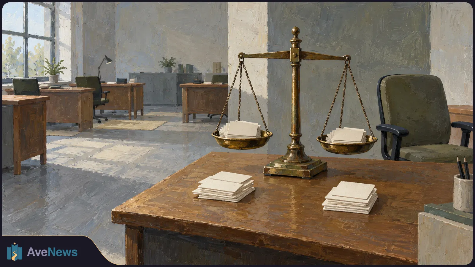 A painted empty office with wooden desks. A brass balance scale holds stacks of blank papers on a foreground desk, beside more papers and an empty chair. SI illustration