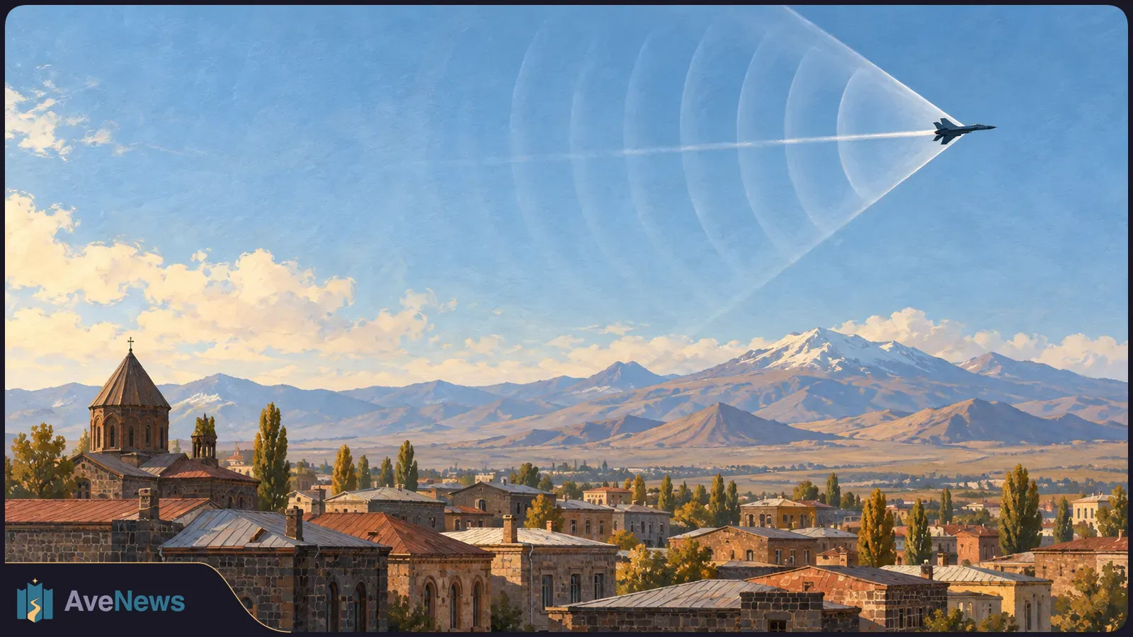 Illustration of a fighter jet above a stone-built town, a church and distant snow-capped mountains, with pale shock waves spreading across the blue sky. SI illustration