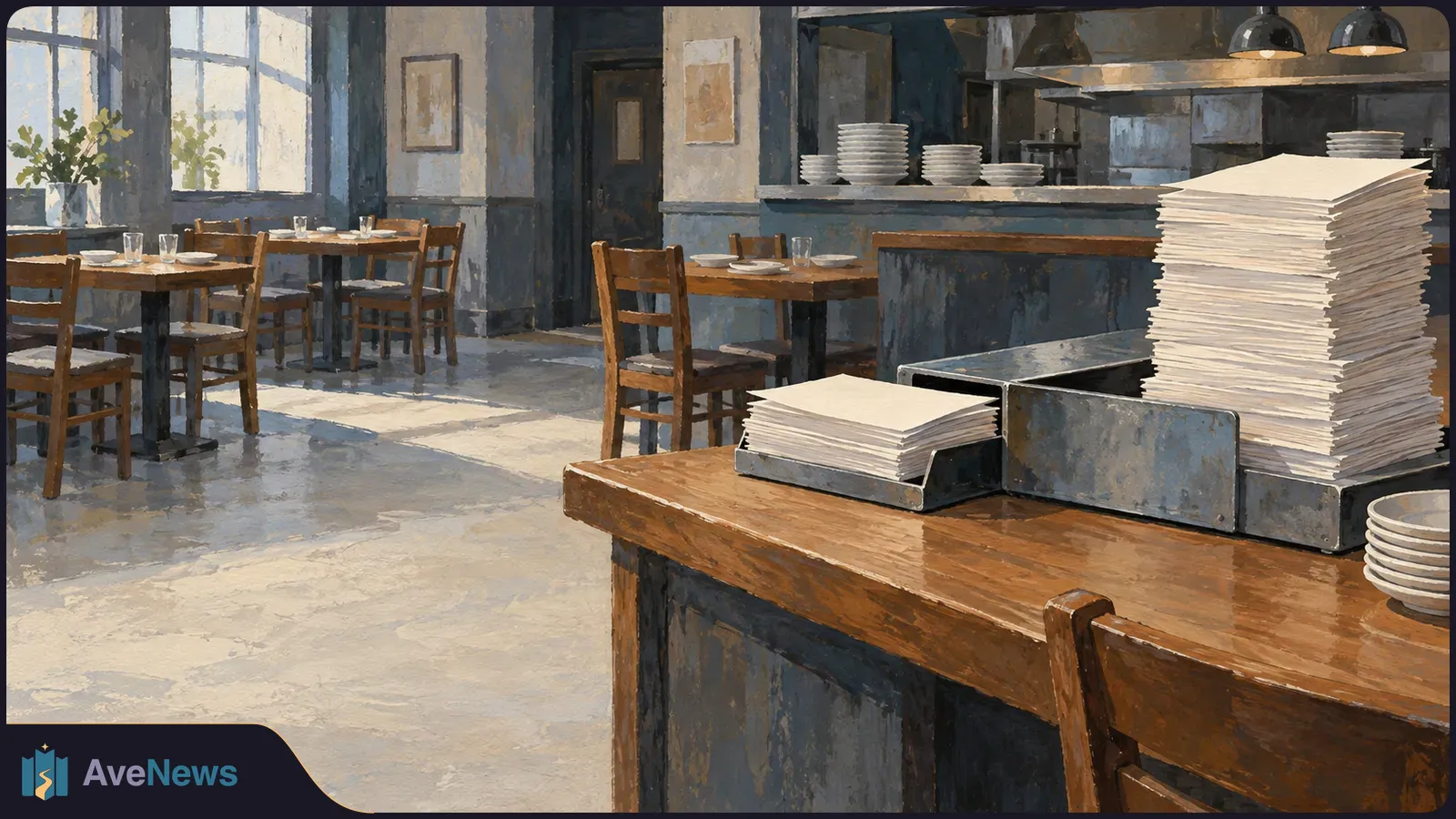 Painted empty restaurant with set tables and chairs; stacks of blank white sheets sit in metal trays on the foreground counter. SI illustration