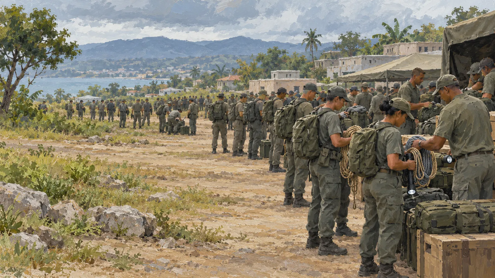 An illustration of uniformed people with backpacks gathering ropes and equipment beside tents and crates, with a coastal town and mountains in the distance. SI illustration