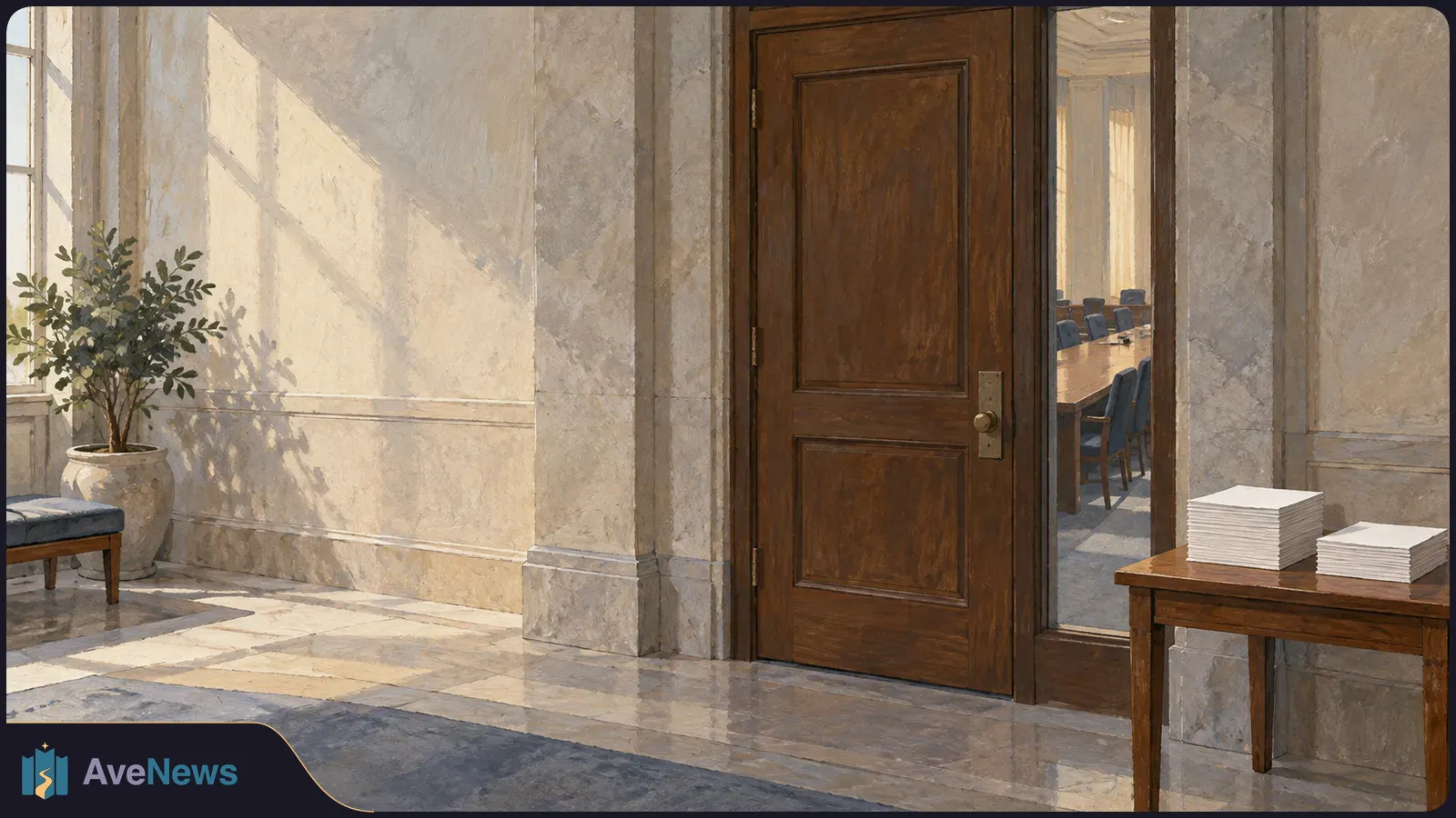 Sunlit hallway with a closed wooden door beside a window into an empty conference room; two stacks of blank paper sit on a table nearby. SI illustration