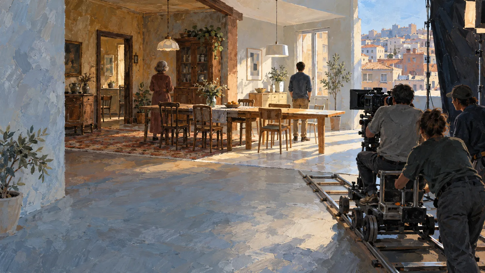 A painted film set shows a camera crew on a dolly filming two people in a sunlit dining room, with rooftops visible beyond. SI illustration