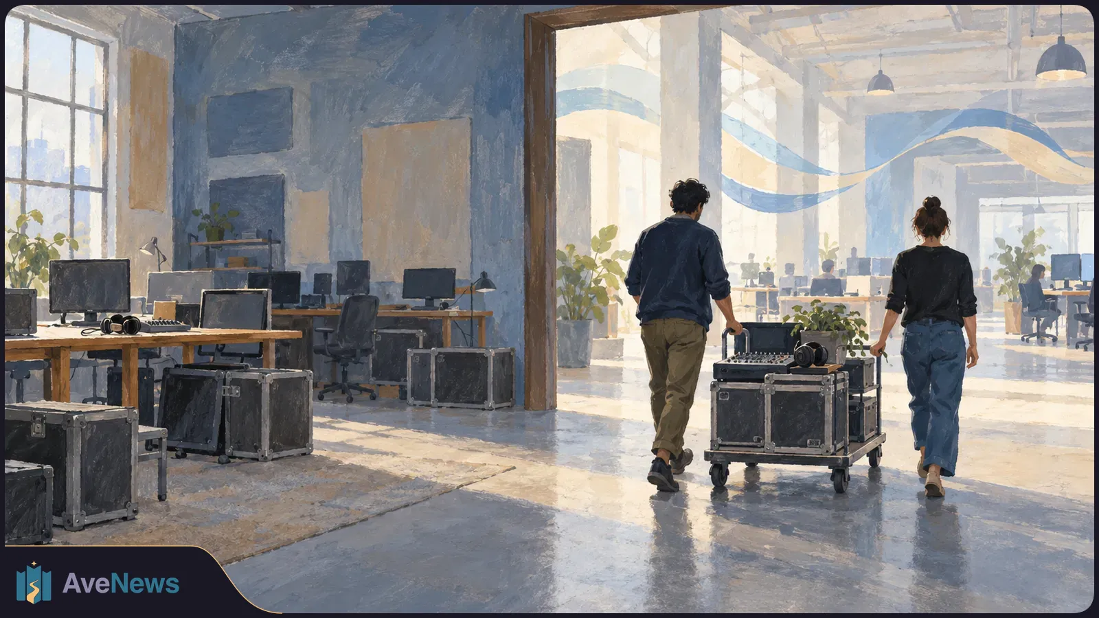 Painted office scene with two people walking beside a cart of audio equipment cases, past desks, monitors and more cases. SI illustration