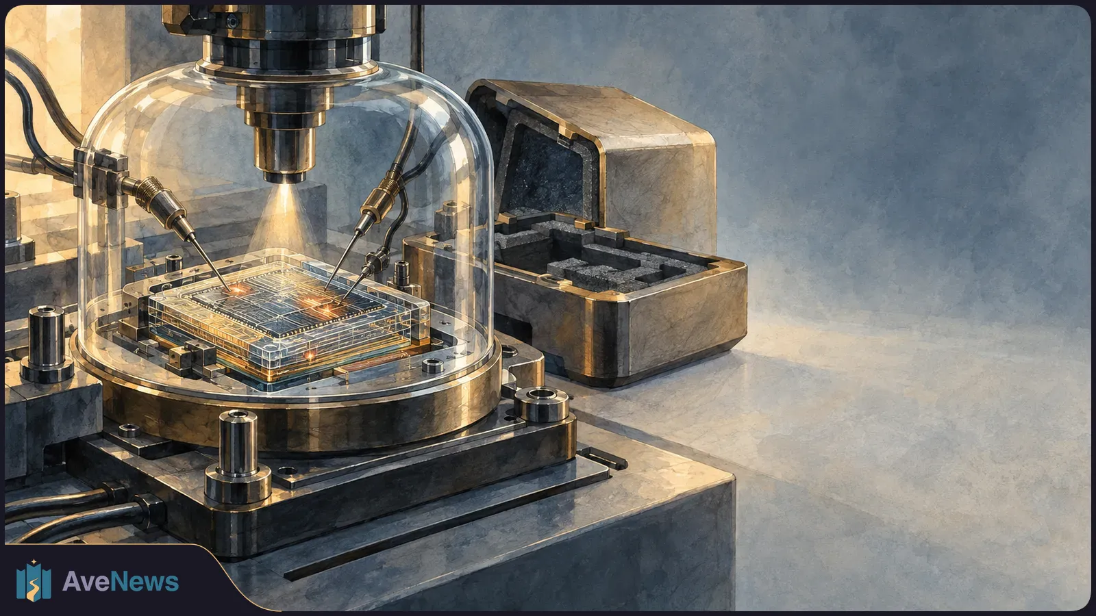 Illustration of a chip under a glass dome, with testing probes touching it and an open equipment case beside it. SI illustration