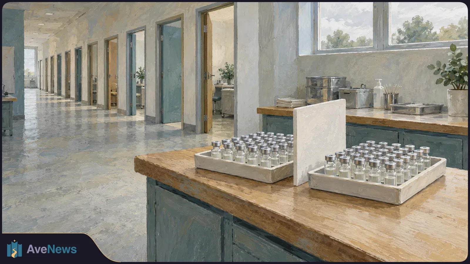 Painted clinic corridor with open doors and two trays of small, unlabeled vials on a wooden counter. SI illustration