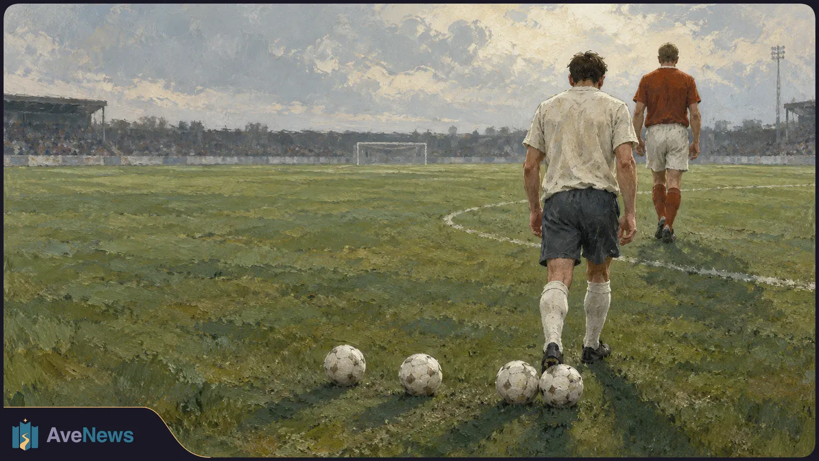 Painted scene of two soccer players seen from behind on a grassy field, with four balls in the foreground and a goal and stands in the distance. SI illustration