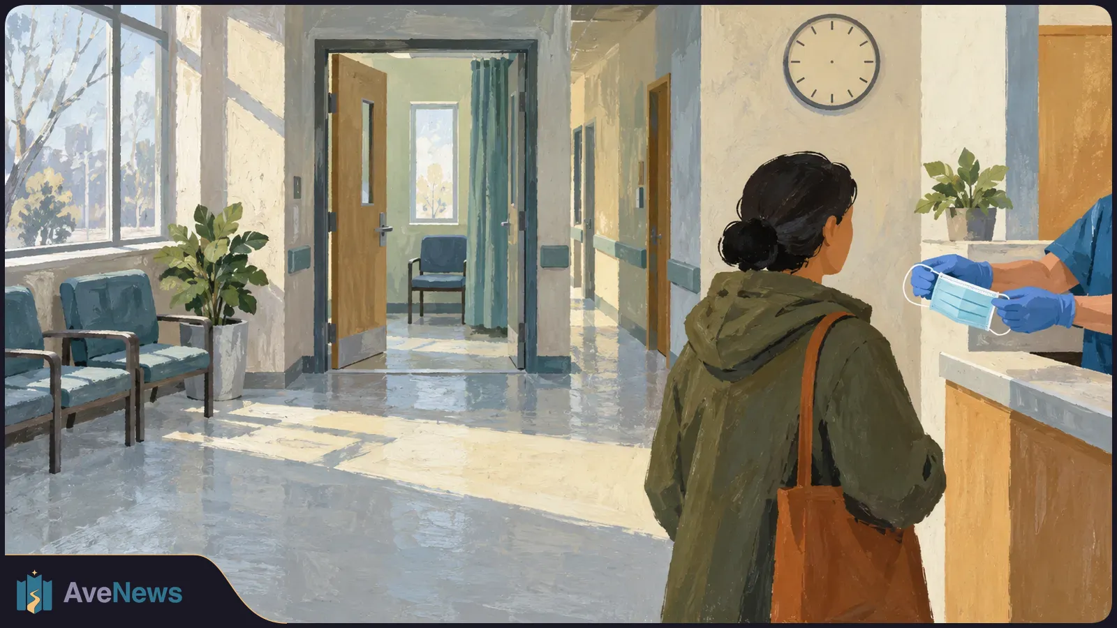 A gloved worker offers a surgical mask to a woman at a clinic reception desk; chairs and an open doorway are visible behind her. SI illustration