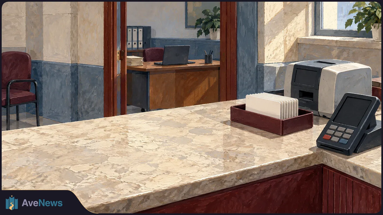 Illustrated office counter with a tray of blank white cards beside a printer and payment terminal. Through an open doorway, a desk holds a laptop and folders. SI illustration