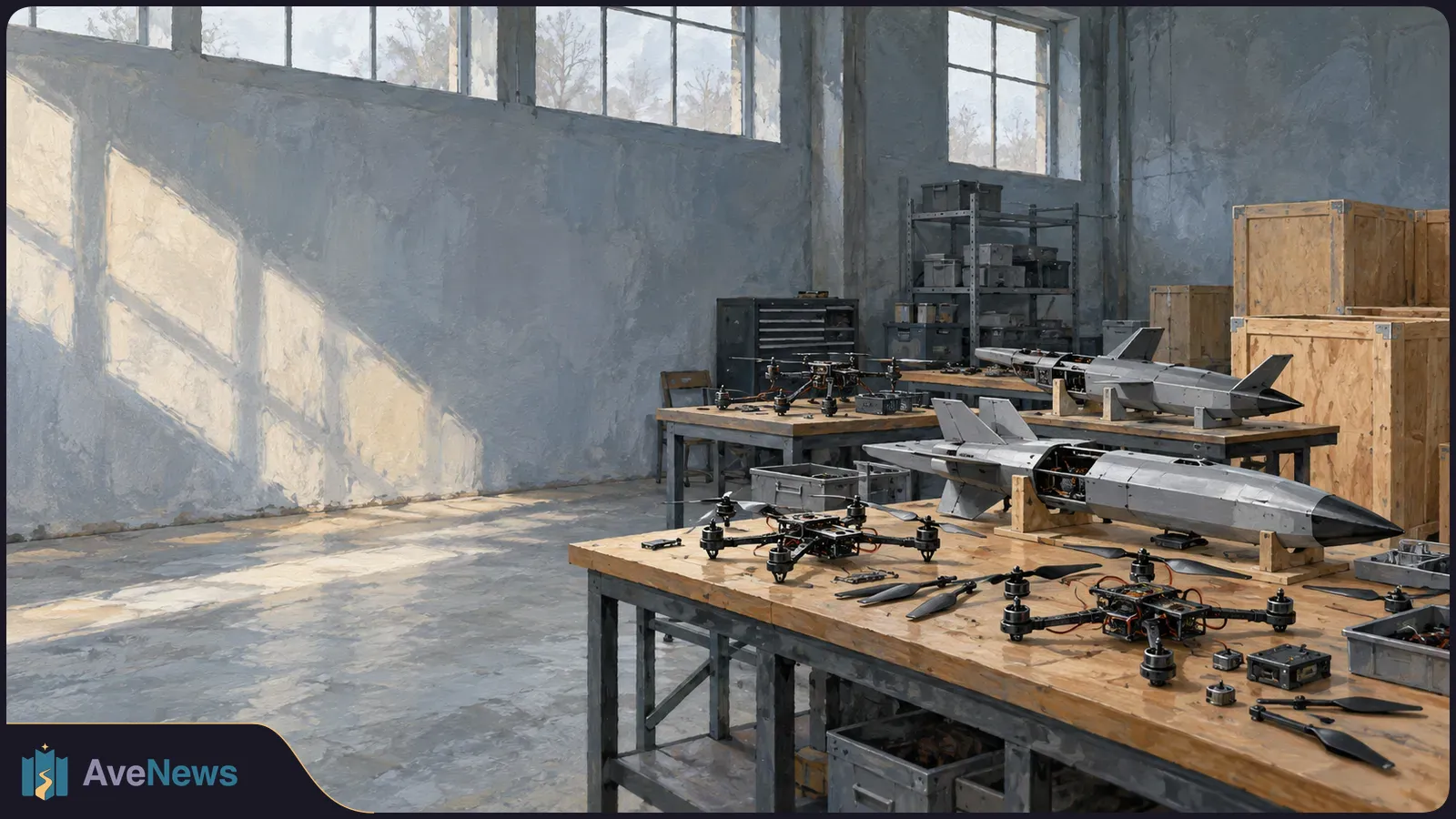 A sunlit workshop with quadcopter drones, fixed-wing drones and loose propellers on wooden worktables; crates and shelving stand behind them. SI illustration