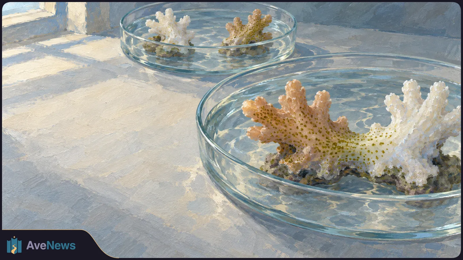 Painterly image of two shallow glass dishes on a sunlit table. Branching coral pieces sit in each dish; peach and white branches meet in the foreground. SI illustration