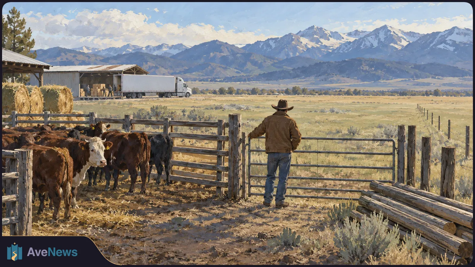 A rancher stands by a gate beside cattle in a fenced pen. A truck is parked near a barn across an open field, with snowy mountains beyond. SI illustration