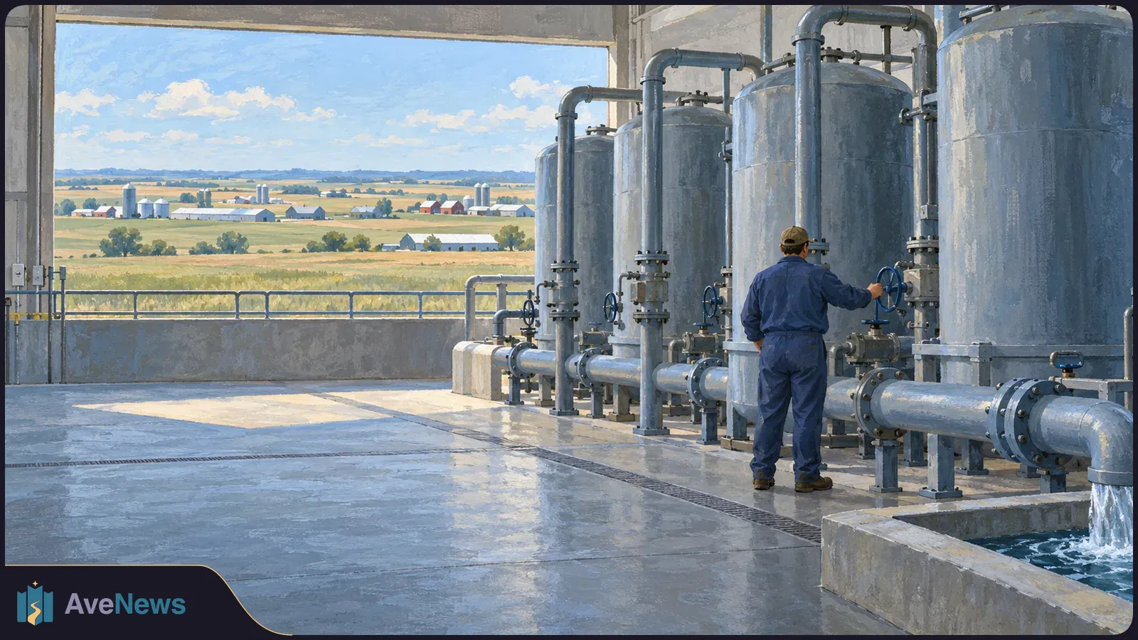 Illustration of a worker turning a valve beside large tanks and pipes at a water facility, with farmland and farm buildings visible through an open wall. SI illustration