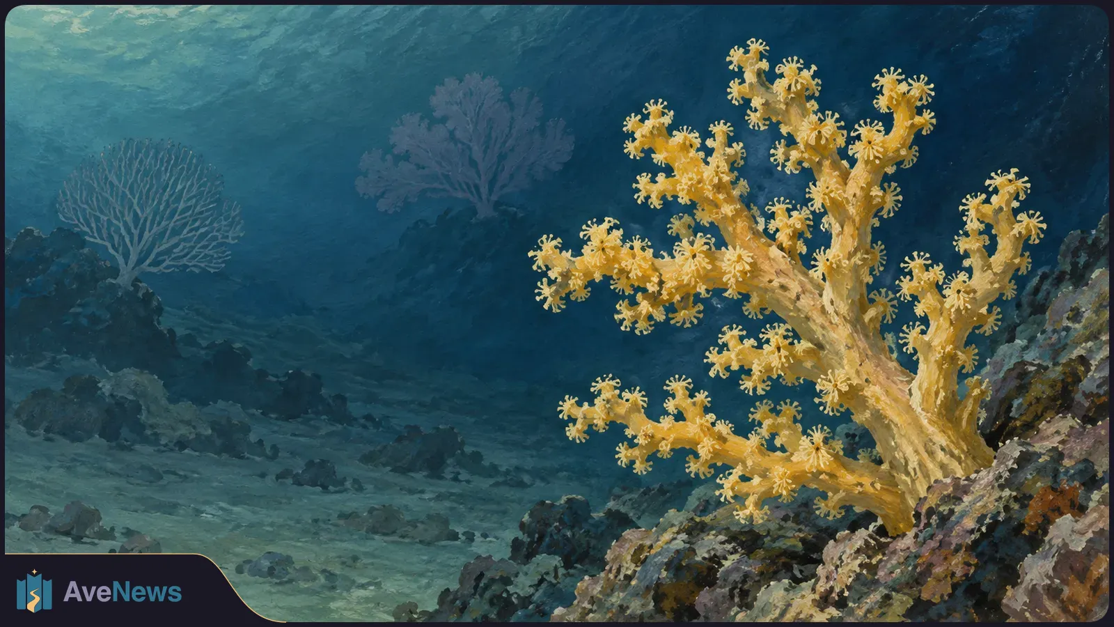 A yellow branching coral rises from a rocky seafloor, with two paler corals in the dark blue distance. SI illustration