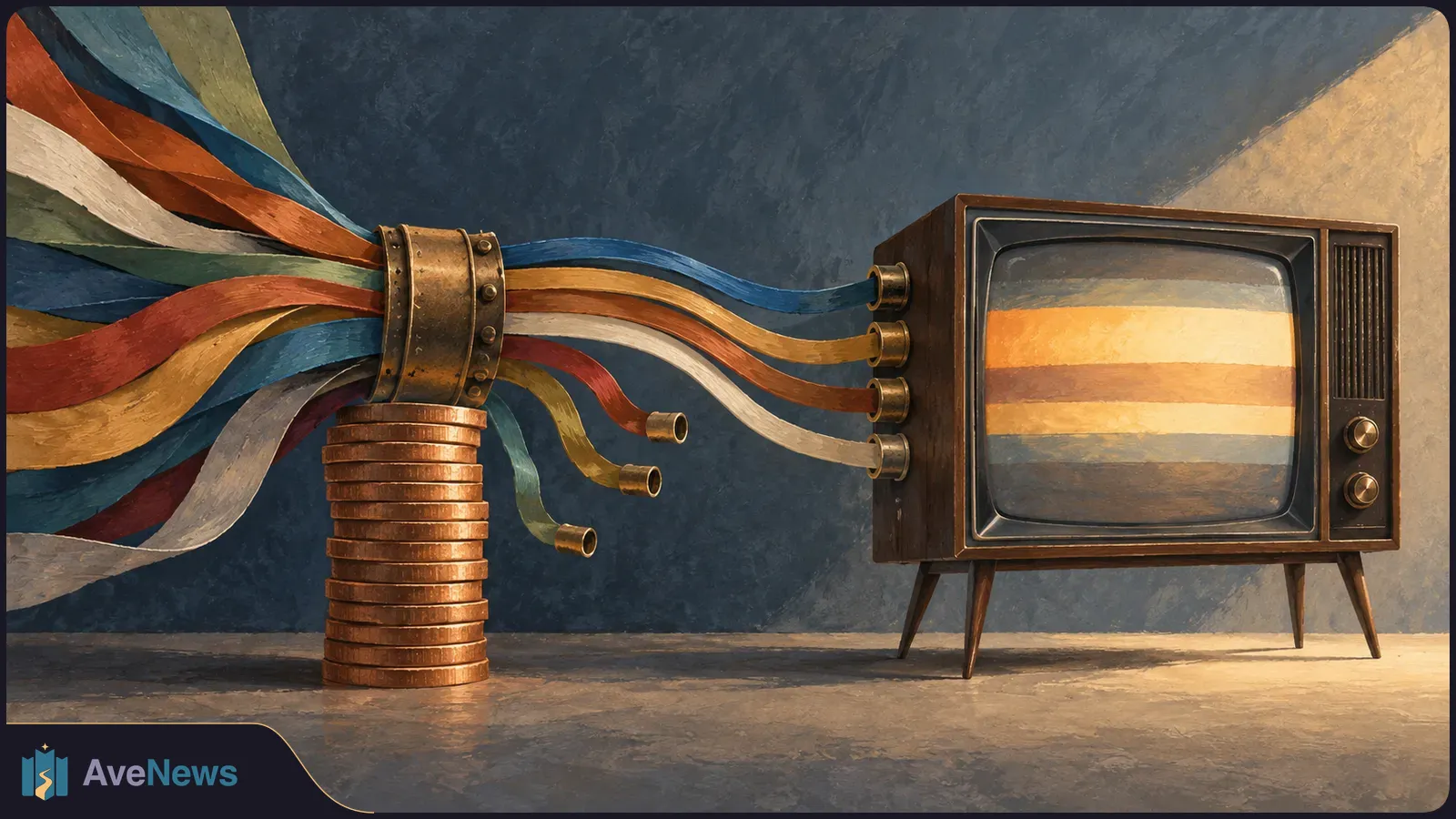 Painted illustration of colorful ribbons bundled above a stack of coins and feeding into a vintage television showing horizontal bands. SI illustration