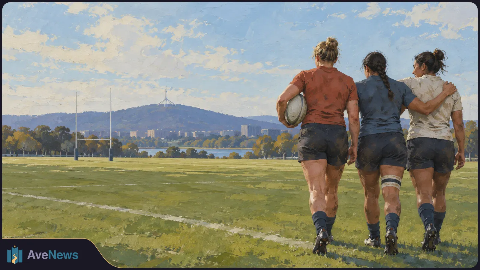 Painterly illustration of three rugby players walking together across a grassy field, one carrying a ball, with goalposts, trees and a hill in the distance. SI illustration