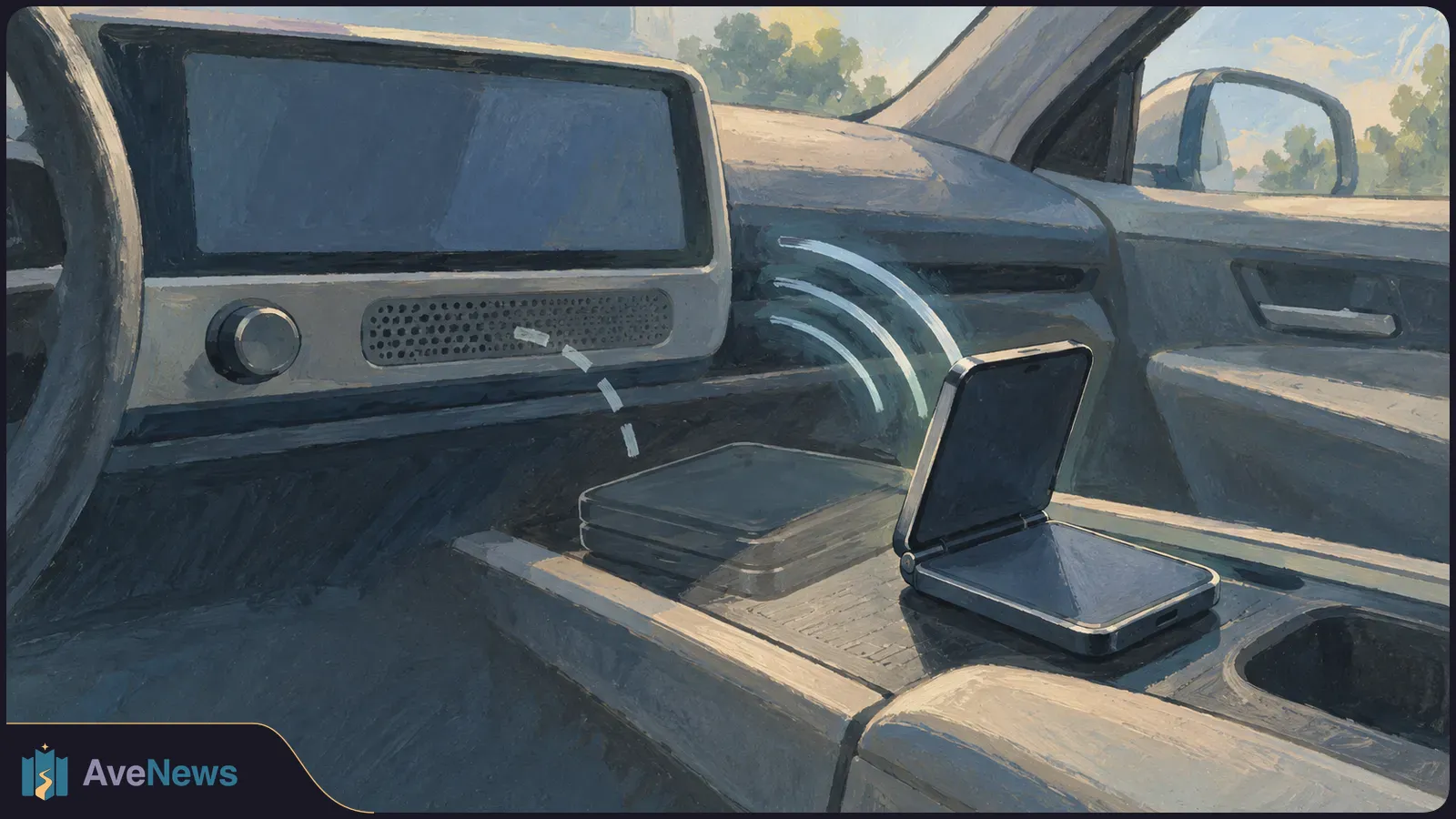 Painted car interior with a blank dashboard display and an open foldable phone on the center console. Curved blue lines appear between them. SI illustration