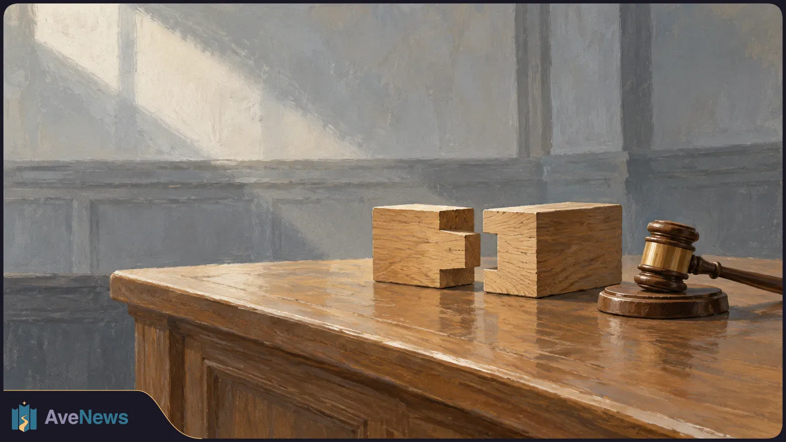 Painterly illustration of a judge’s gavel and two separated, interlocking wooden blocks on a courtroom table. SI illustration