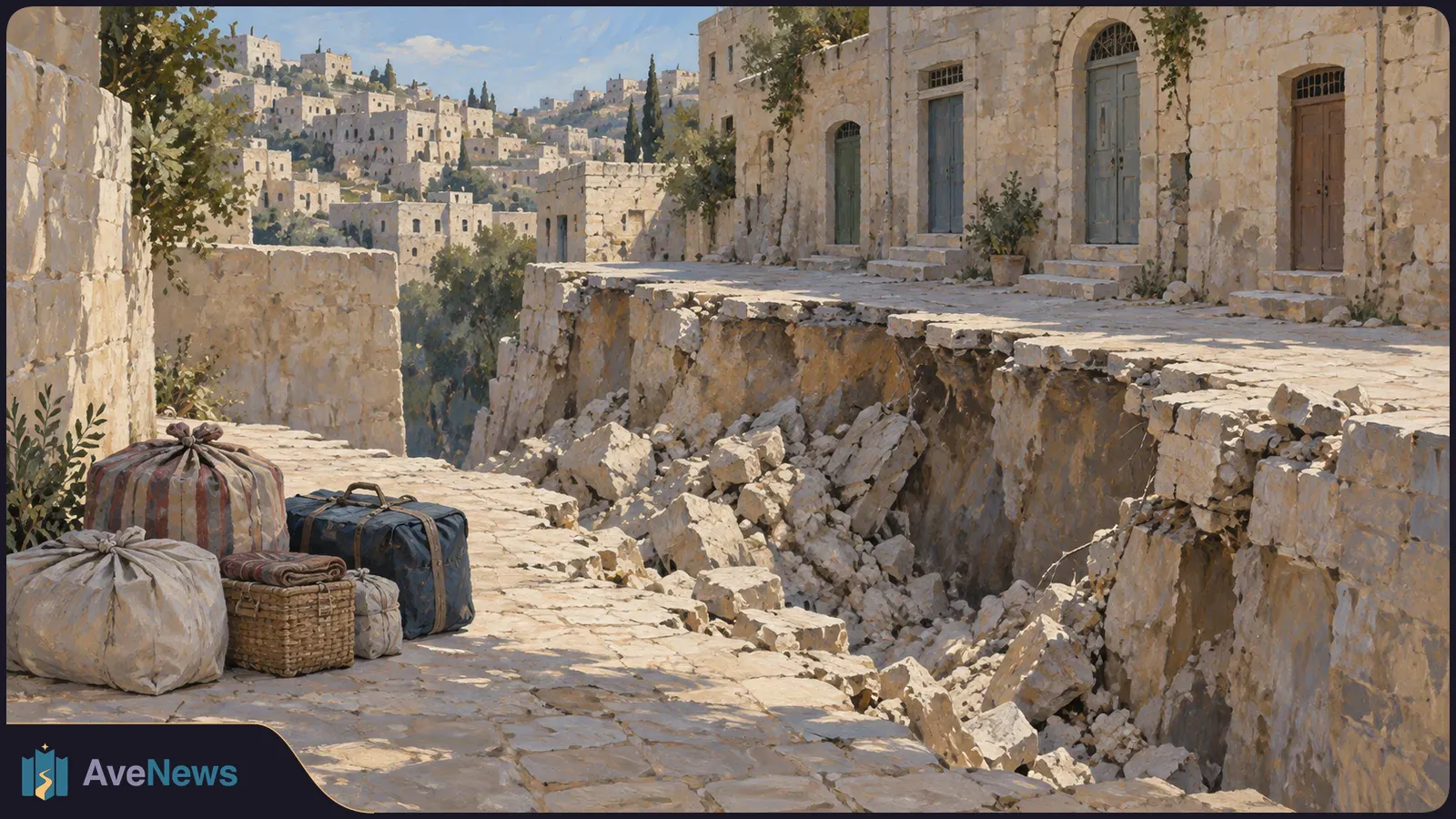 An illustrated stone street split by a deep trench filled with rubble. Bags and a basket sit beside it, with stone buildings on the hillside beyond. SI illustration