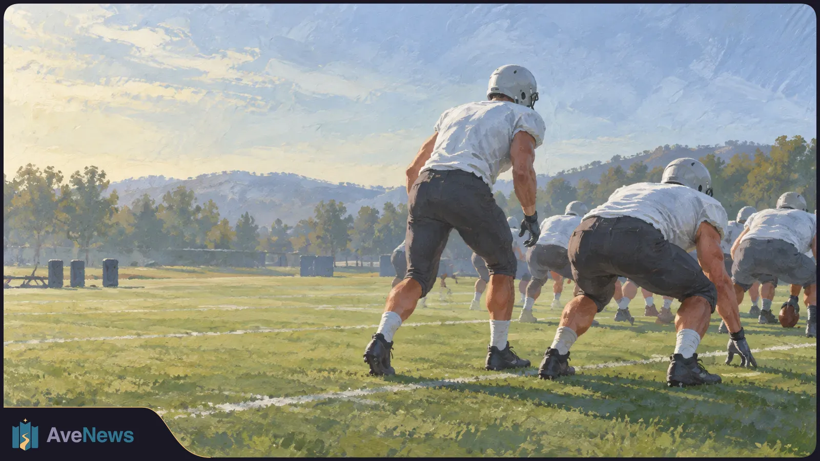 Illustration of helmeted American football players in white jerseys and dark pants lining up on a grassy field, with trees and hills behind them. SI illustration