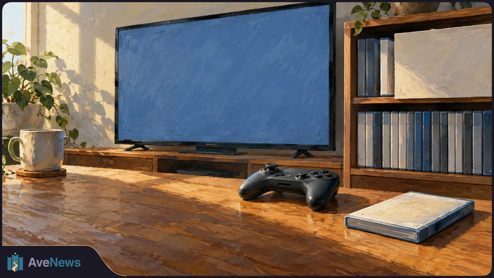 Painterly sunlit room with a blank blue TV, a black game controller and plain case on a wooden table, plus a mug, plant and shelves of unmarked cases. SI illustration