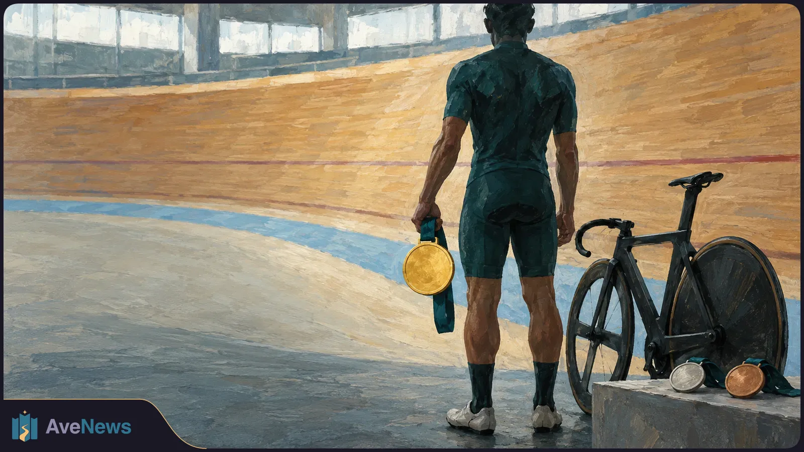 Painterly illustration of a cyclist seen from behind holding a gold medal beside a track bike in an indoor velodrome; silver and bronze medals rest nearby. SI illustration