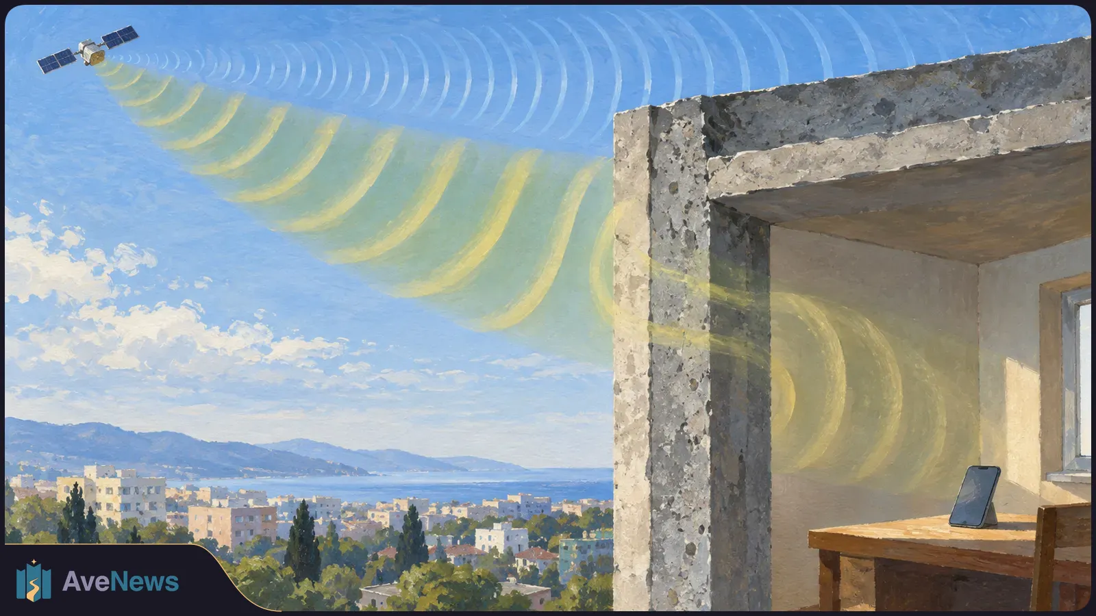 Painted illustration of a satellite sending yellow waves through a concrete wall toward a phone on a table, above a coastal town. SI illustration