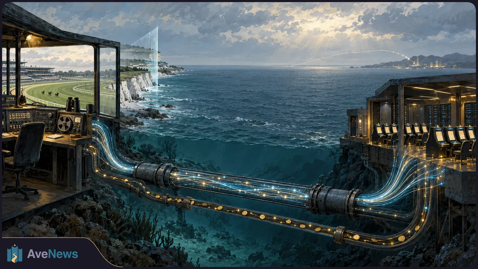 Illustration of a seaside horse-racing track linked by glowing underwater cables to a row of casino machines across the water. SI illustration