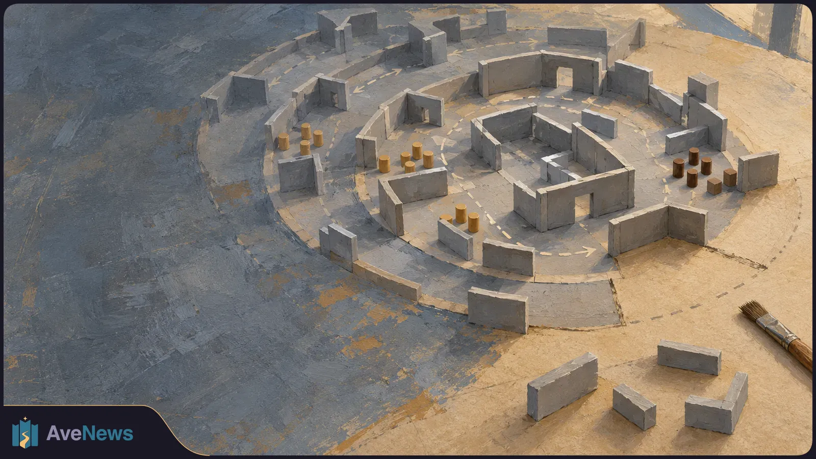 A painted overhead view of gray block walls arranged in a circular maze, with dashed arrows winding past small wooden pieces. A paintbrush lies at the right edge. SI illustration