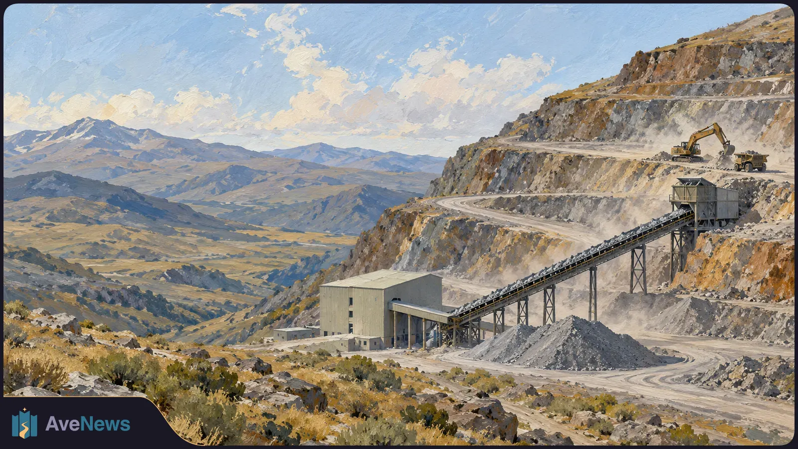 Painted mountain open-pit mine with terraced rock walls, an excavator and dump truck, a long conveyor, industrial buildings, and distant hills. SI illustration