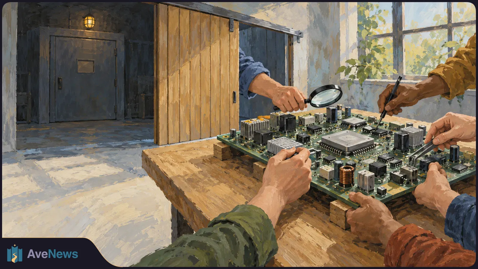 Illustration of several hands examining a circuit board on a wooden table with a magnifying glass and tools; a sliding door and window are behind them. SI illustration
