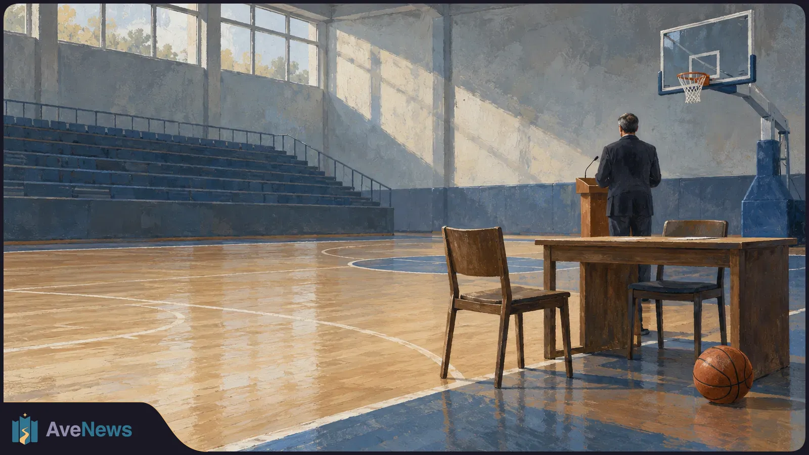 Painted basketball gym with empty bleachers, a hoop and a ball; a man seen from behind stands at a lectern beyond a table and chairs. SI illustration