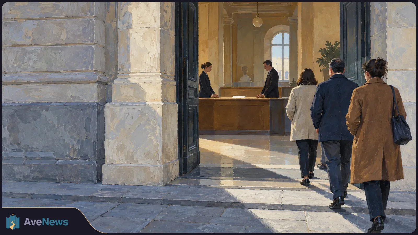 Painterly illustration of three people walking into a stone building, where two people stand across a wooden reception desk. SI illustration