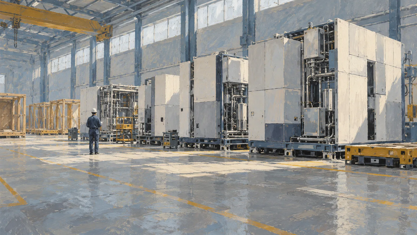 A worker in a hard hat stands beside rows of large white machines in a bright industrial hall, with wooden crates and an overhead crane. SI illustration