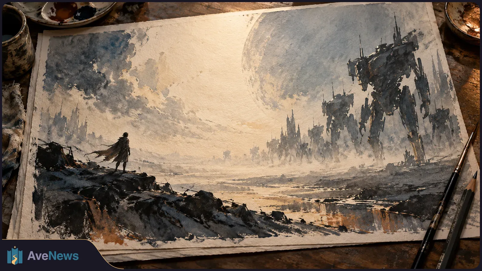 A painting on a desk shows a cloaked figure facing towering robots across a bleak landscape, with brushes and paint dishes beside the paper. SI illustration