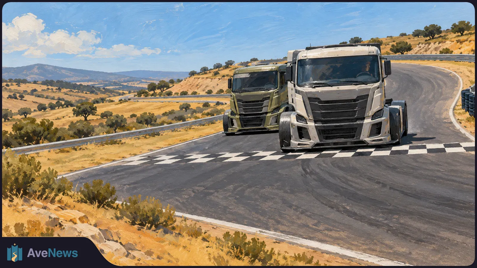 Painterly illustration of a white racing truck leading a green truck across a checkered finish line on a winding track amid dry, shrub-dotted hills. SI illustration