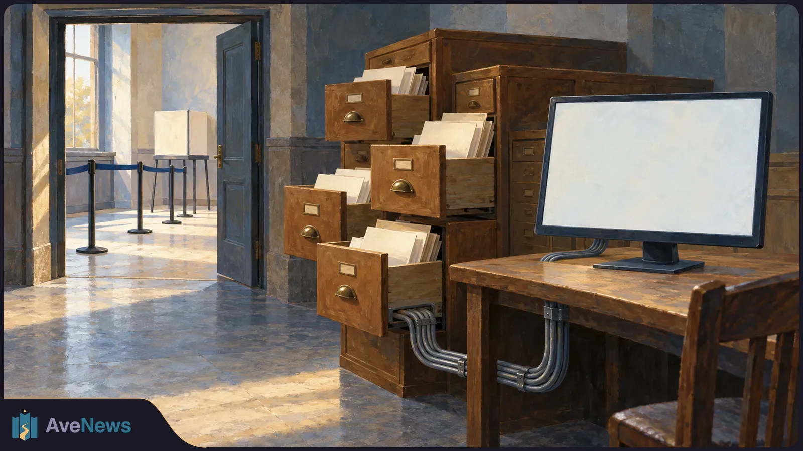 Painted room with open wooden filing drawers full of papers, cables leading toward a blank computer monitor, and queue barriers visible through a doorway. SI illustration
