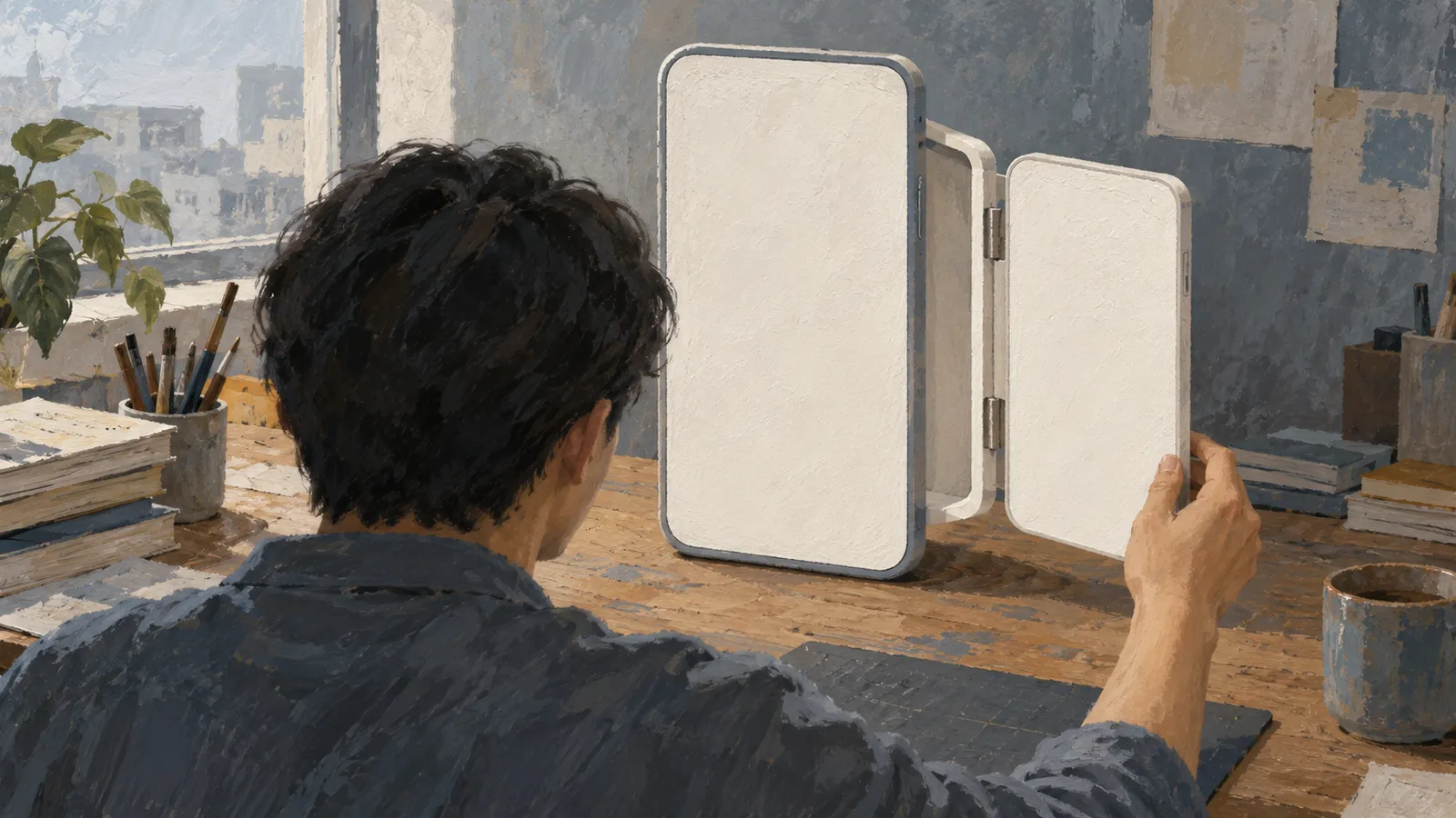 A painted scene of a person at a wooden desk holding open a hinged device with blank white panels, surrounded by books, brushes and a mug. SI illustration