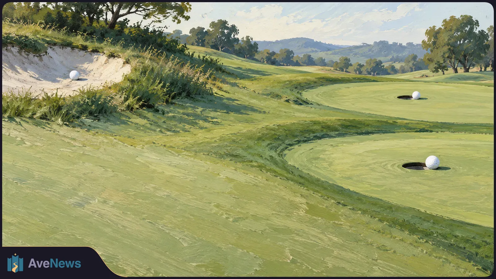 Painted golf course with a ball in a sand bunker and two balls beside holes on separate greens, with trees and hills beyond. SI illustration