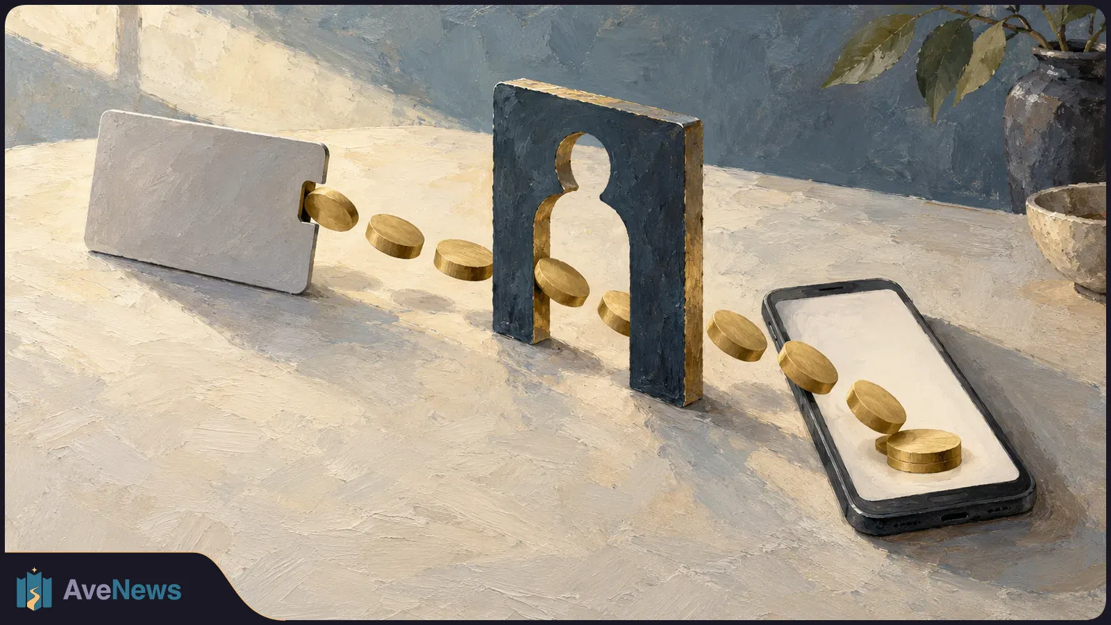 Painted illustration of gold discs moving from a blank card through a person-shaped opening toward a phone with a blank screen. SI illustration