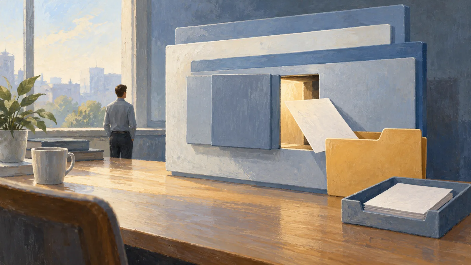 A painted office scene with oversized layered panels, a sheet of paper and a yellow folder on a desk; a man stands by a window overlooking the city. SI illustration