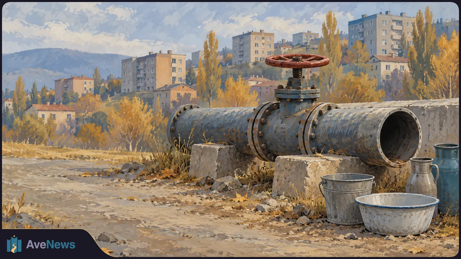 Illustration of a large metal pipe with a red valve beside buckets and water containers, with autumn trees, apartment buildings and hills behind it. SI illustration