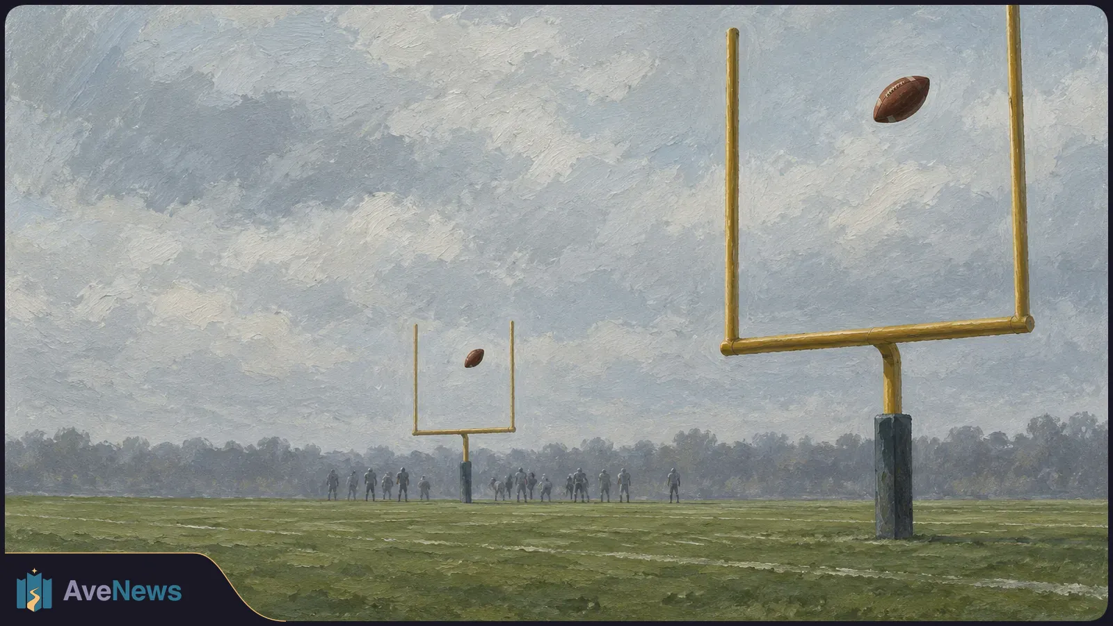 Painterly view of an American football field with two yellow goalposts, two footballs in the air, and small figures in the distance beneath a cloudy sky. SI illustration