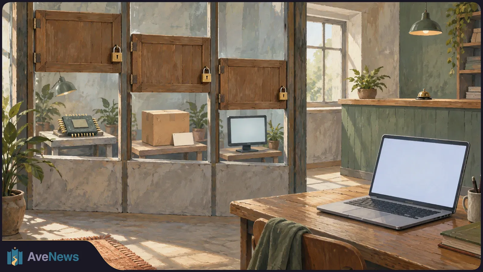 Painterly room with three padlocked wooden shutters above a chip, a cardboard box and a blank monitor. An open laptop with a blank screen sits on a desk. SI illustration