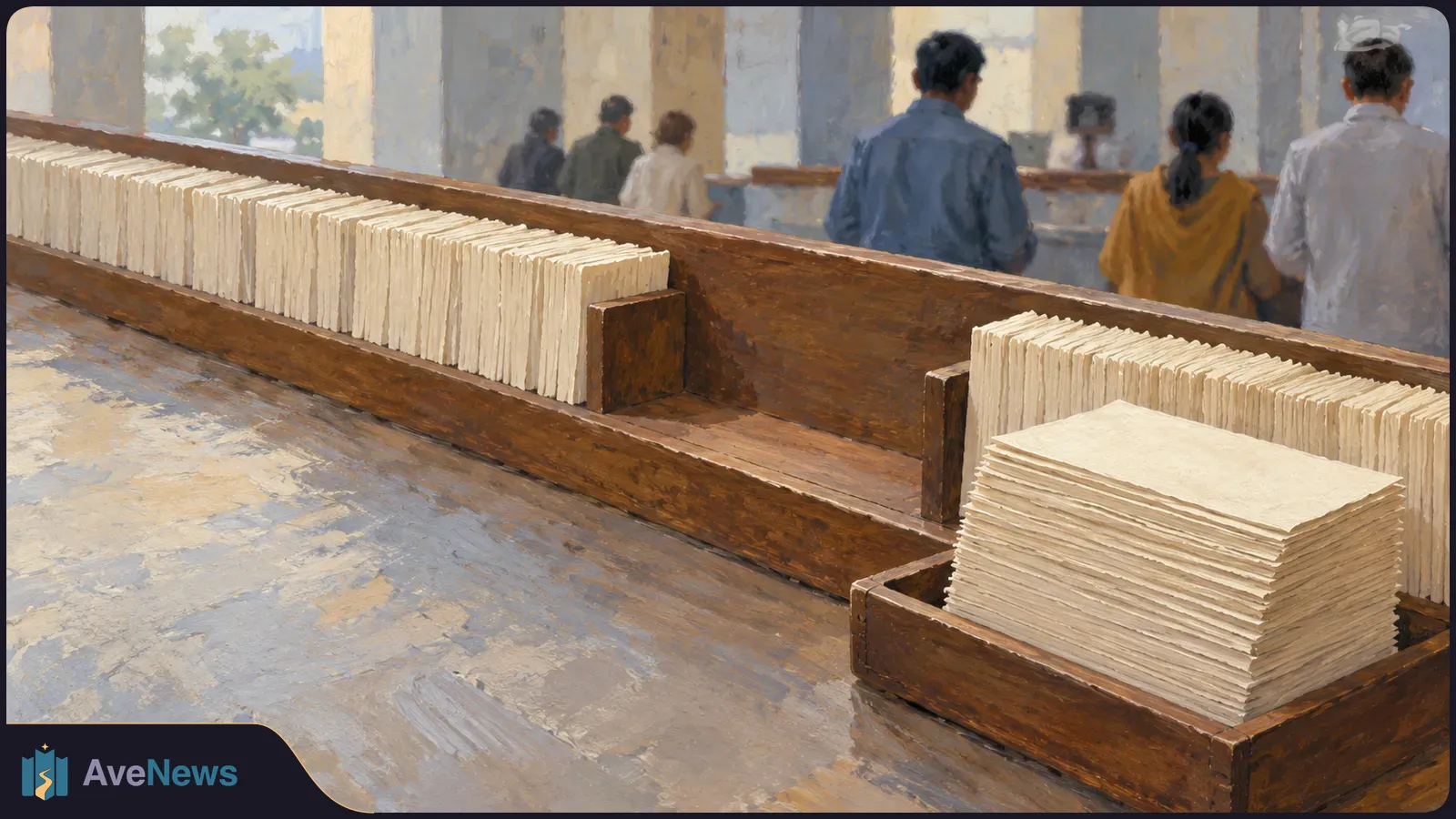 Illustration of rows of pale paper slips in long wooden trays, with a stack of sheets in the foreground and several people seen from behind in the background. SI illustration