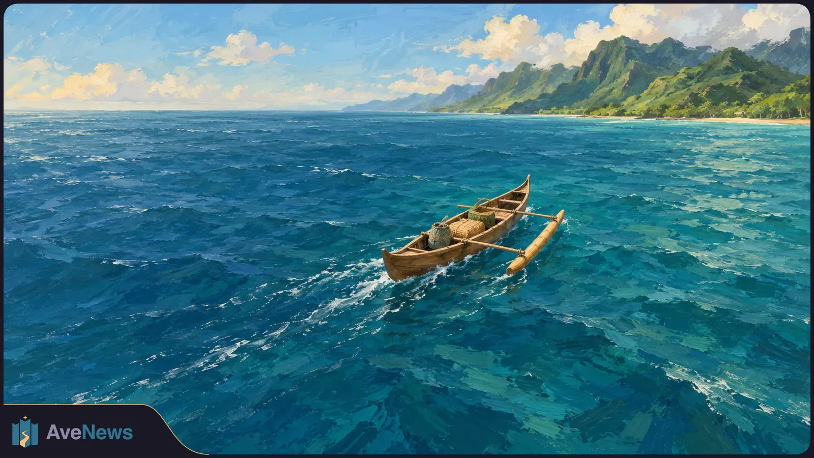 Painted scene of a wooden outrigger canoe carrying bundles across a blue ocean, with a green mountainous coast beneath a cloudy sky. SI illustration