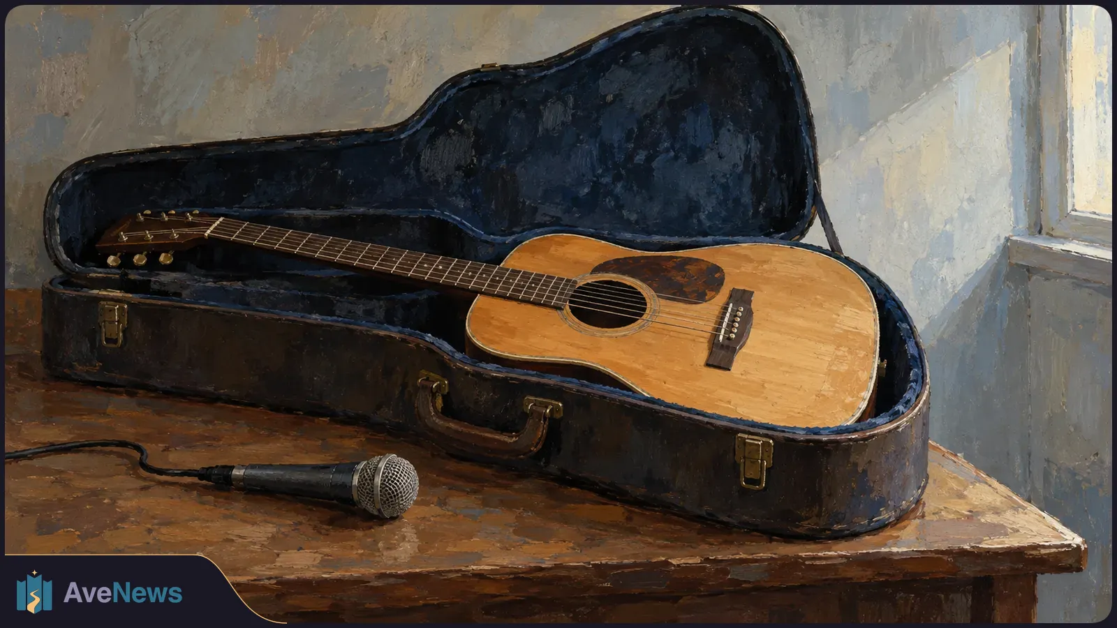 A painted acoustic guitar rests in an open dark case on a wooden table, with a wired microphone in front of it. SI illustration